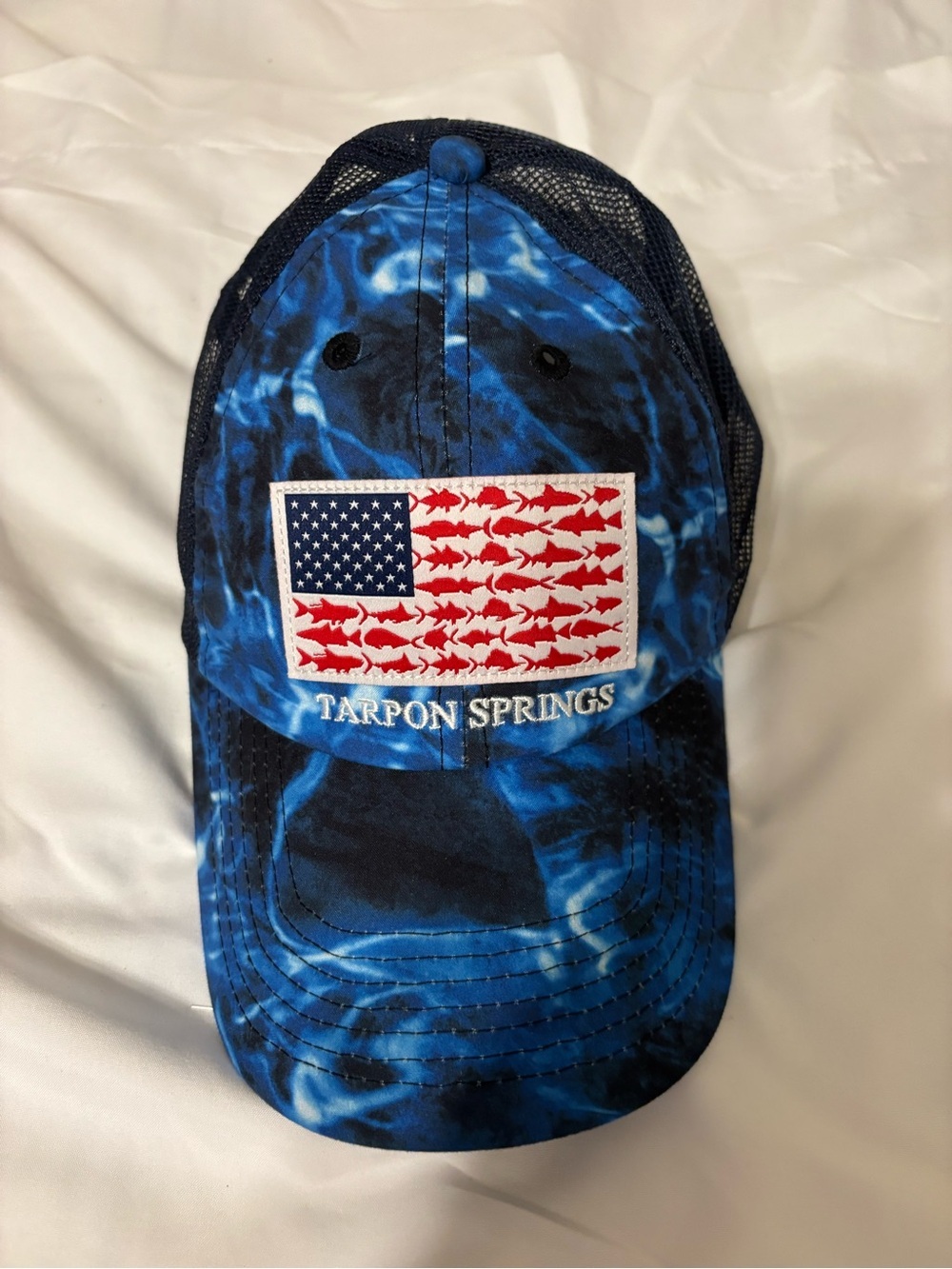Tarpon Springs Fish Flag Mesh Trucker Snapback Hat Blue Camo